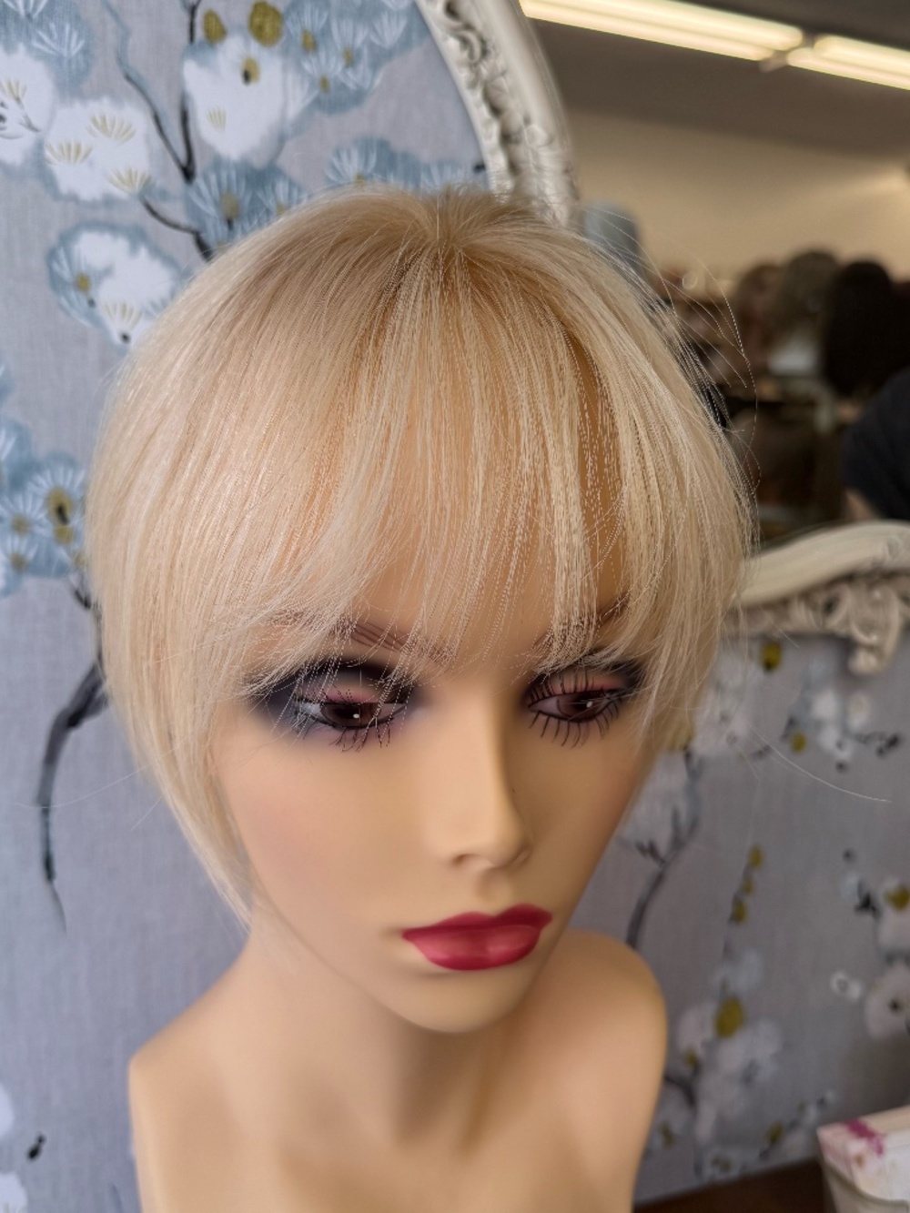 Blonde human hair topper, oval small base with short hair and bangs
